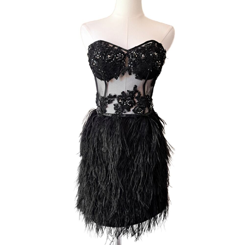 Cinderella Black Feather Corset Mini Dress Strapless Beaded Prom Size 4 Cocktail - Picture 2 of 16